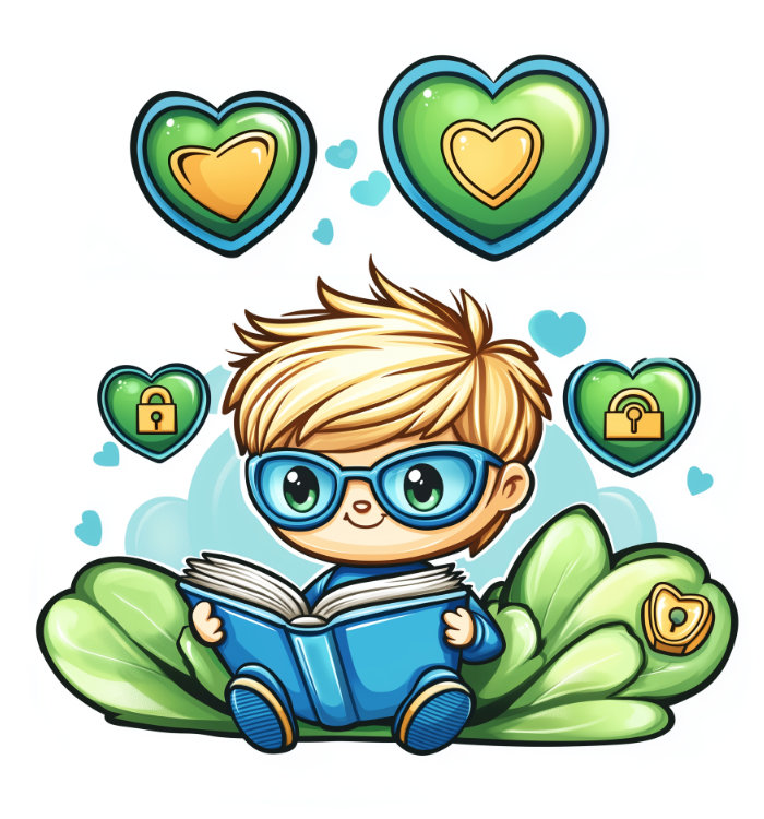 Datenschutz bei Potenzialhelden – Sicherheit & Vertrauen Potenzialheld-Maskottchen mit Buch und Sicherheitssymbolen – Datenschutz & Vertrauen im Coaching